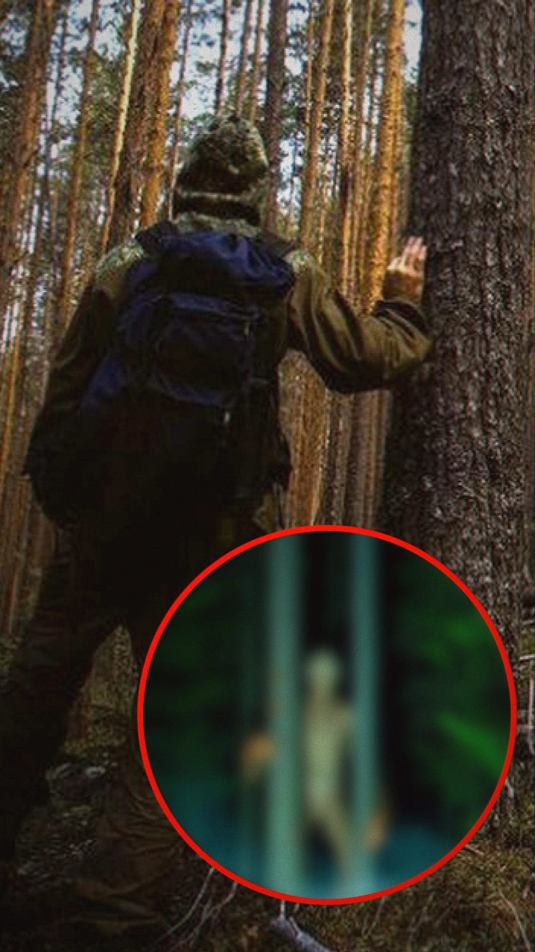 Man in forest with strange figure in the background